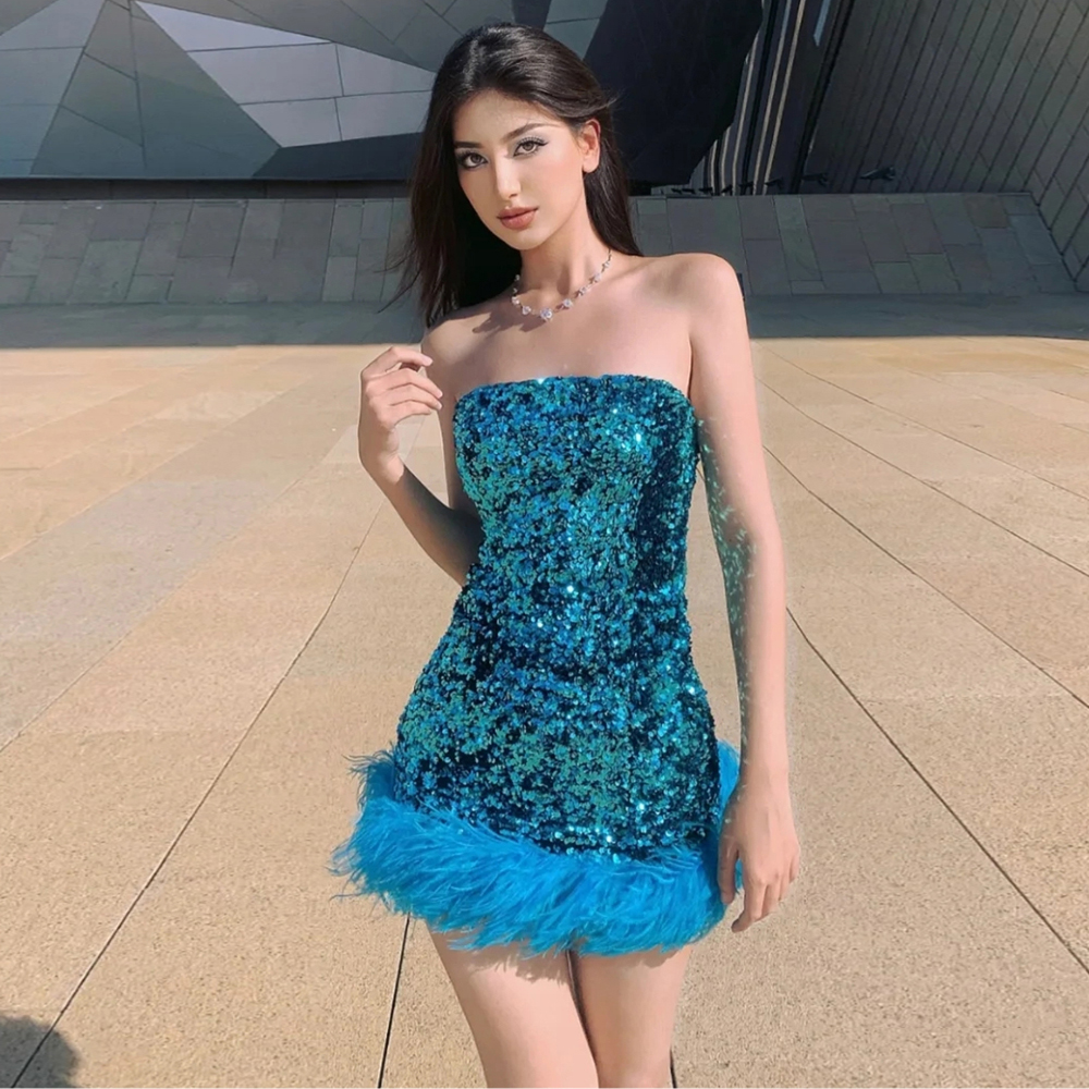 欧美风蓝色羽毛亮片包臀裙