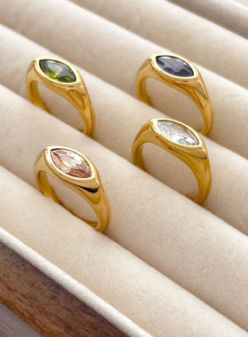 欧美时尚新款多色椭圆水滴眼睛钻钛钢镀金戒指指环百搭食指中指女