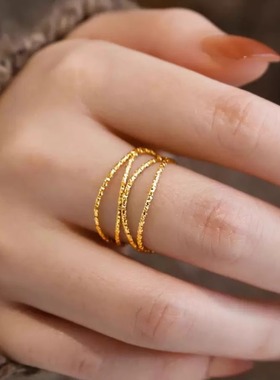 法式ins多层弯曲设计感钛钢戒指 文艺时尚个性镀18K金食指指环女