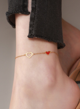 中国风时尚百搭夏季红色本命年钛钢镀18K金脚链女高级感爱心足链