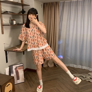 老钱风睡衣女夏季雪纺短袖短裤套装夏天可爱小熊大码小个子家居服