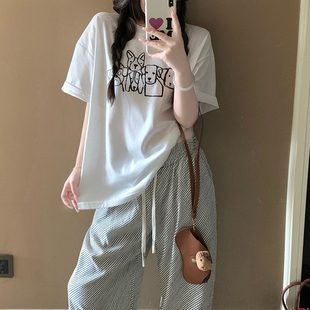 夏季睡衣女短袖长裤两件套装可爱卡通小狗套头圆领条纹裤子家居服