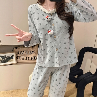 可爱卡通HelloKitty睡衣女冬季带胸垫德绒保暖套装2025新款家居服