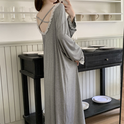 法式花边莫代尔睡裙女春秋季长袖