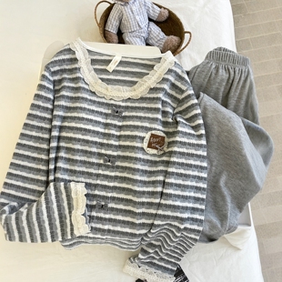 带胸垫纯棉睡衣女款春秋季长袖套头条纹甜美蝴蝶结套装花边家居服