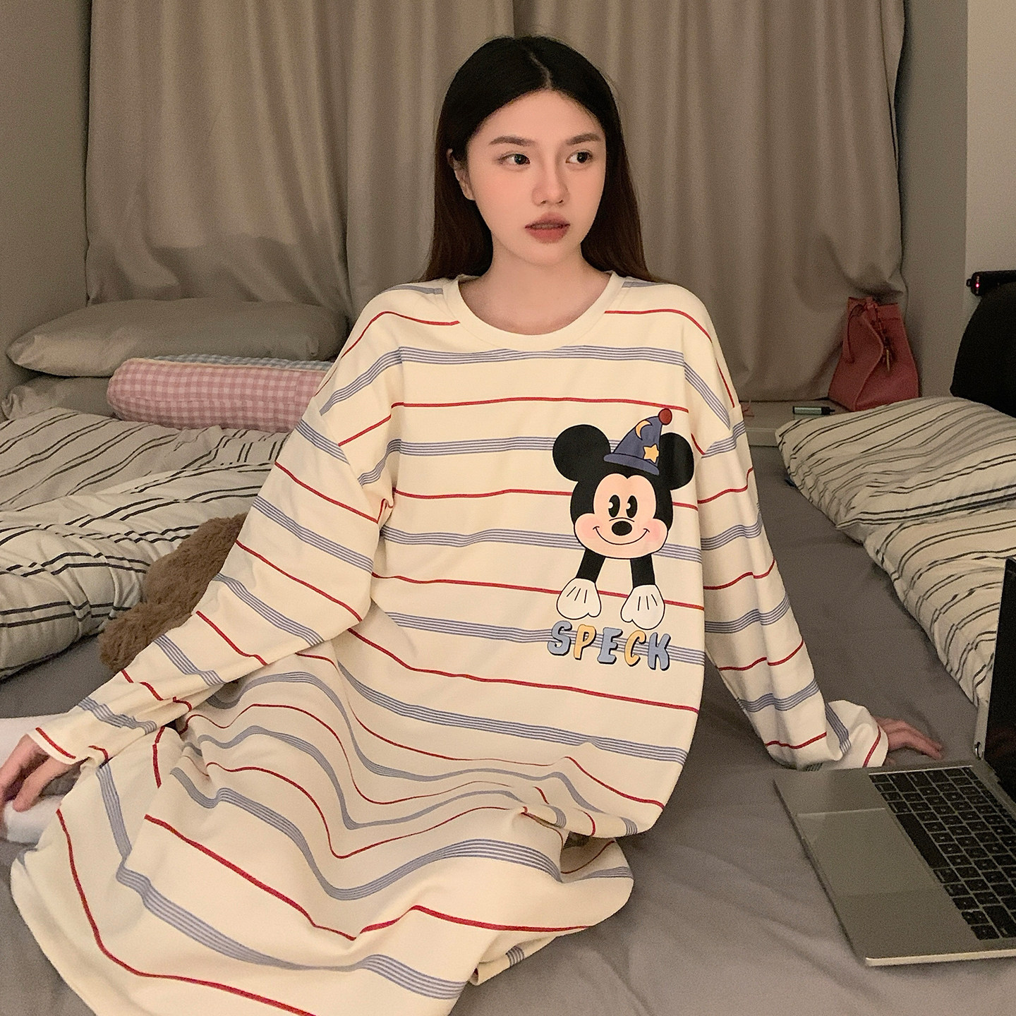 条纹米奇睡裙女春秋季带胸垫长袖宽松圆领套头睡衣可爱卡通可外穿,女士内衣/男士内衣/家居服,睡裙,淘宝优惠券,粉丝福利购,淘宝优惠卷
