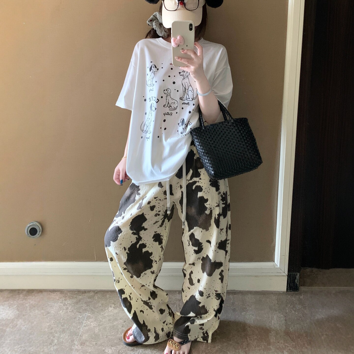 可爱卡通腊肠狗睡衣女夏季短袖迷彩阔腿裤套头圆领套装宽松家居服