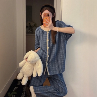 甜美民族风纱布睡衣女款夏季纯棉蕾丝花边短袖长裤夏天家居服套装