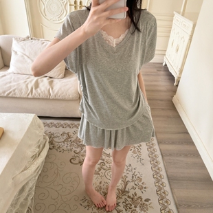 夏季带胸垫一体式莫代尔睡衣女款韩系短袖裤裙大码棉绸套装家居服