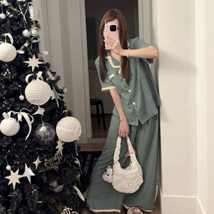 夏季仿棉麻睡衣女款宽松波点短袖长裤甜美复古风高级感家居服套装