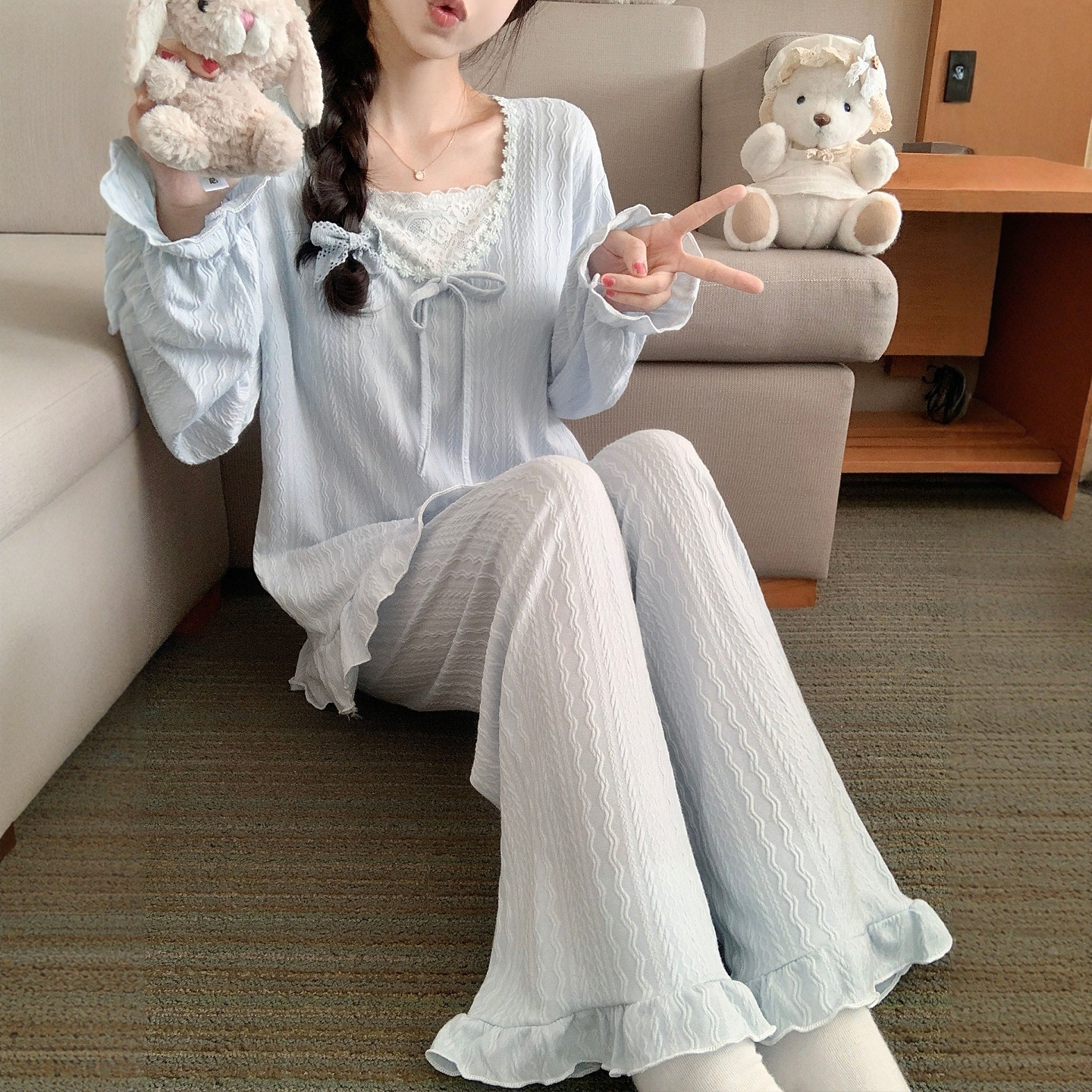 2025新款甜美公主风韩系睡衣女春秋季长袖带胸垫套装阔腿裤家居服,女士内衣/男士内衣/家居服,睡衣/家居服套装,淘宝优惠券,粉丝福利购,淘宝优惠卷