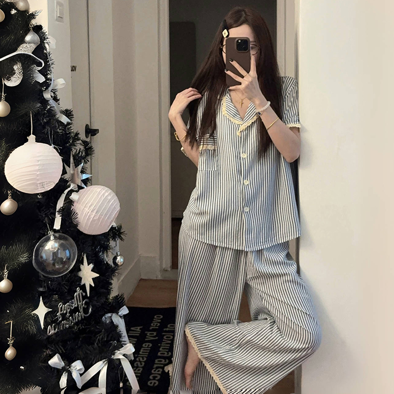 高颜值条纹ins短袖长裤家居服女