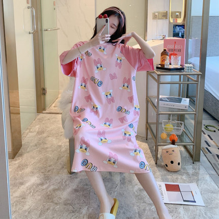纯棉睡裙女夏季可爱唐老鸭睡衣女短袖中长款卡通大码胖mm家居服