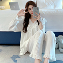 家居服套装 秋季 长裤 公主风蕾丝睡衣女春秋甜美高颜值花边纯棉长袖