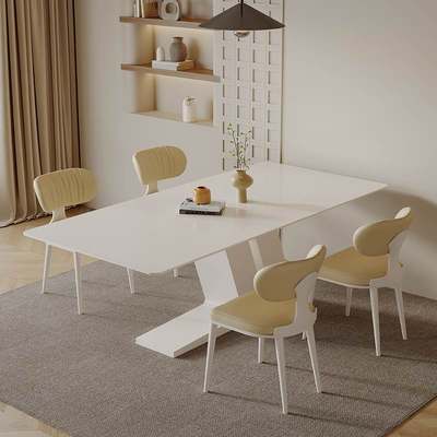 奶油风岩板餐桌家用小户型纯白色现代简约长方形北欧吃饭桌椅组合