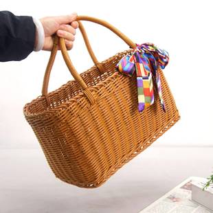 2026款野外带篮藤篮仿藤编手提篮时尚购编物餐篮收纳筐藤包日韩系