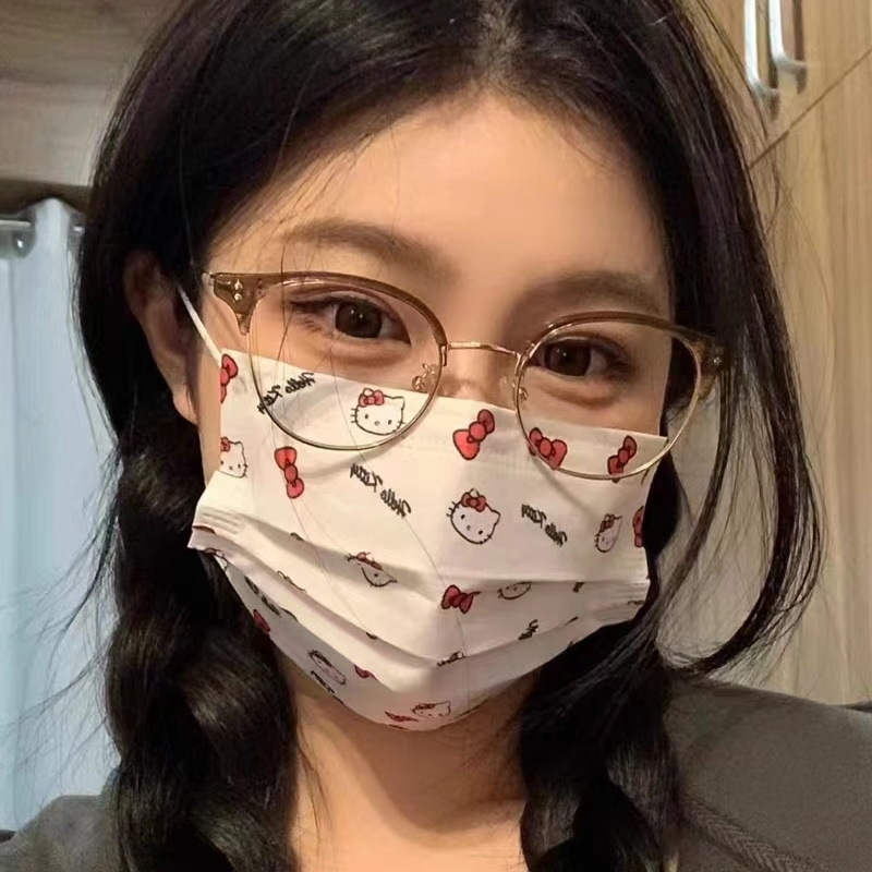 卡通可爱蝴蝶结Kitty高颜值口罩印花凯蒂猫显白显脸小一次性防护