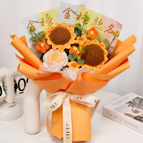 毕业花束向日葵红玫瑰毛线花束成品手工钩织郁金香亚马逊