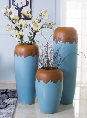 地中海蓝色落地陶瓷花瓶景德镇手工干支陶罐花盆样板房餐厅摆件设