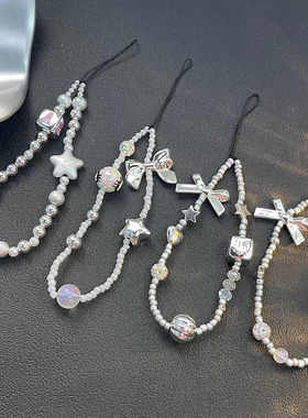 ins潮流网红手机链银色方块珠珠手串蝴蝶结相机包包ccd装饰手链条