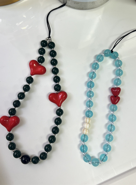 复古清透红色爱心手工串珠手机链小众珍珠手机挂绳挂件ccd挂饰