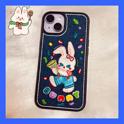 ins卡通牛仔刺绣小兔子适用iphone15手机壳苹果12promax/11/13/14