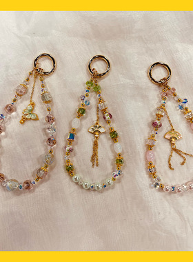 ins中国风手机链短款手腕挂绳复古蝴蝶琉璃花ccd手机壳挂件钥匙链