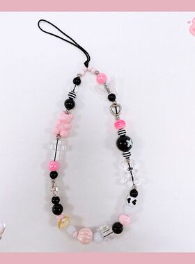 ins黑粉小熊十字架手机链条挂链ccd相机链条配饰手腕串珠复古挂绳