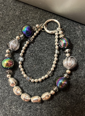 手机挂绳短款手腕绳电镀复古圆珠挂饰双链工串珠ccd相机挂件女