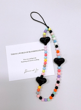 ins炫酷风黑爱心珠珠手机挂绳手链手机壳ccd相机链条钥匙扣挂饰