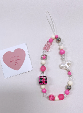 韩国ins风玫红方块爱心手机链条diy串珠ccd挂绳挂链小众手提便携