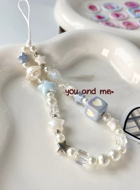 ins蓝色爱心方块串珠ins风钥匙ccd相机链小众不饱和蓝色手机链条