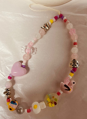 粉爱心小鸟适用手机链链条diy手工挂链高级感ccd相机挂饰女款手腕