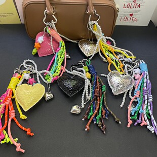 皮质褶皱爱心包包挂件情侣钥匙扣miu系编织绳配件