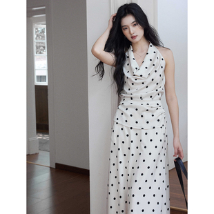 挂脖露背掐腰仿醋酸绒波点上衣垂感半裙套装 法式 浅沫 贰羊设计