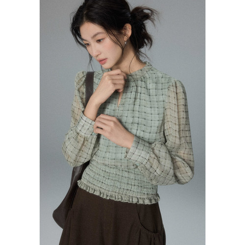 贰羊设计【玖鸢】法式通勤绿色雪纺长袖上衣女独特领打揽收腰衬衫