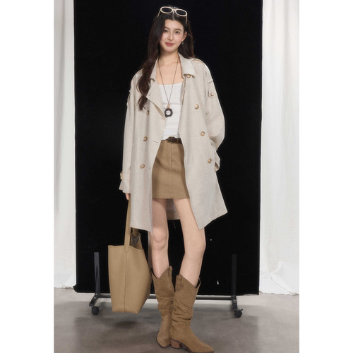 贰羊设计【清壑】经典双排扣风衣外套女气质通勤慵懒感天丝麻大衣