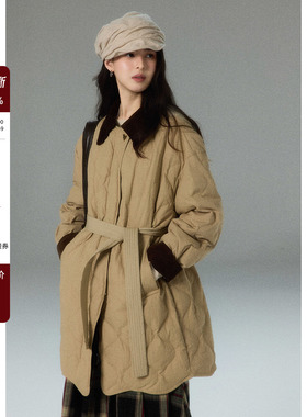 贰羊设计【晚夏苍暮】灯芯绒翻领羽绒服女简约风菱格秋冬加厚外套