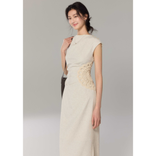 高级感连衣裙女通勤气质拼接手工钩织花 小飞袖 贰羊设计 青山映