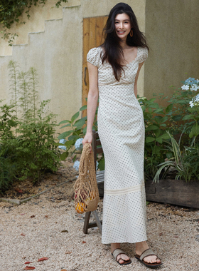 贰羊设计【星絮】法式复古方领波点连衣裙女夏季收腰蕾丝拼接长裙