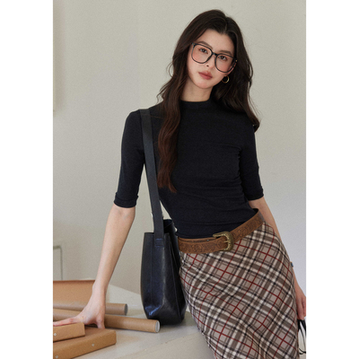 贰羊设计【末冉】天丝羊毛高领中袖奶皮感上衣女修身高智感打底衫