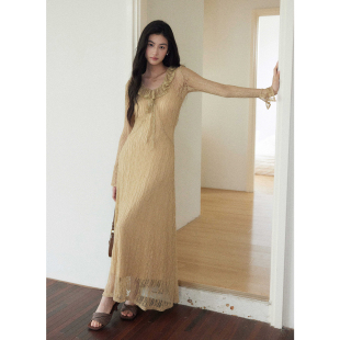 修身 贰羊设计 温柔气质针织蕾丝连衣裙女喇叭袖 法式 收腰裙 初絮