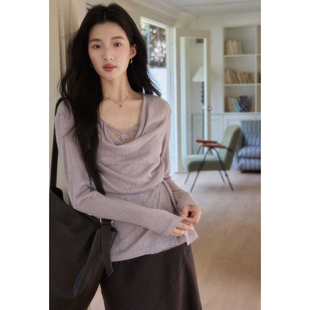 贰羊设计 假两件荡领紫色蕾丝拼接针织上衣女春设计感T恤 意蕴