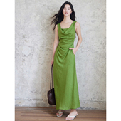 贰羊设计 褶皱背心裙 复古绿显白荡领连衣裙女两穿无袖 山夏 法式