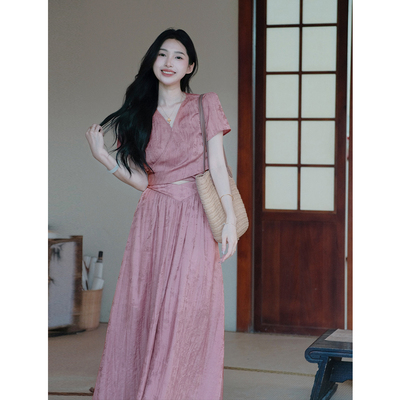 植物染新中式v领收腰上衣半裙