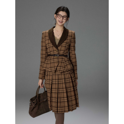 贰羊设计【希澈】英伦复古格纹收腰外套+压褶蓬蓬半身裙气质套装