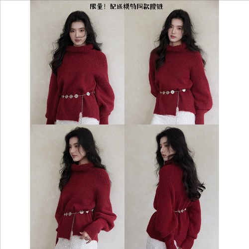 高级红软糯毛衣高领宽松针织衫