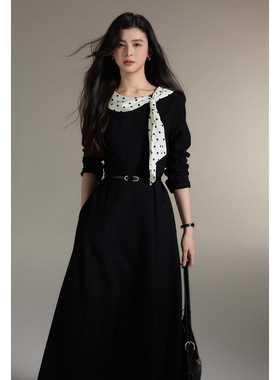 贰羊设计【南艺】法式气质波点飘带领拼黑色连衣裙女高级感收腰裙