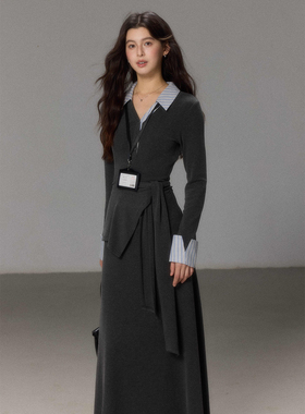 贰羊设计【灰棱】通勤气质撞色polo翻领长袖连衣裙女收腰显瘦长裙