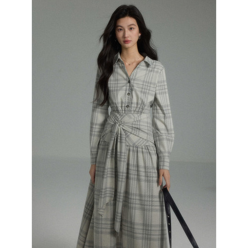贰羊设计【知蕴】气质通勤格子长袖衬衫裙女解构设计感收腰连衣裙